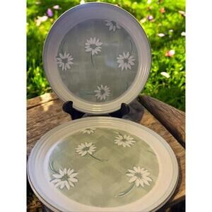 Mikasa Cera Stone Green Fields Dinner Plates White Daisies Blue SET of 2 (11 in)